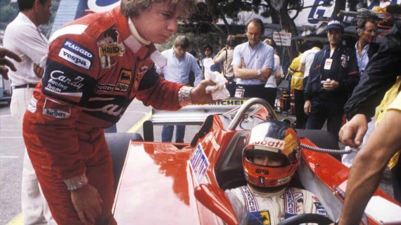 Gilles Villeneuve leads team-mate Didier Pironi friends