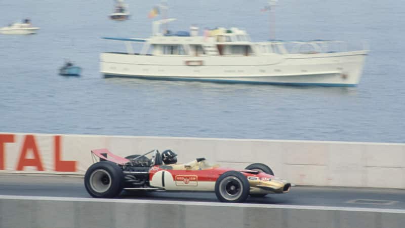 Graham Hill passes Monte Carlo harbour in 1969 Monaco Grand Prix