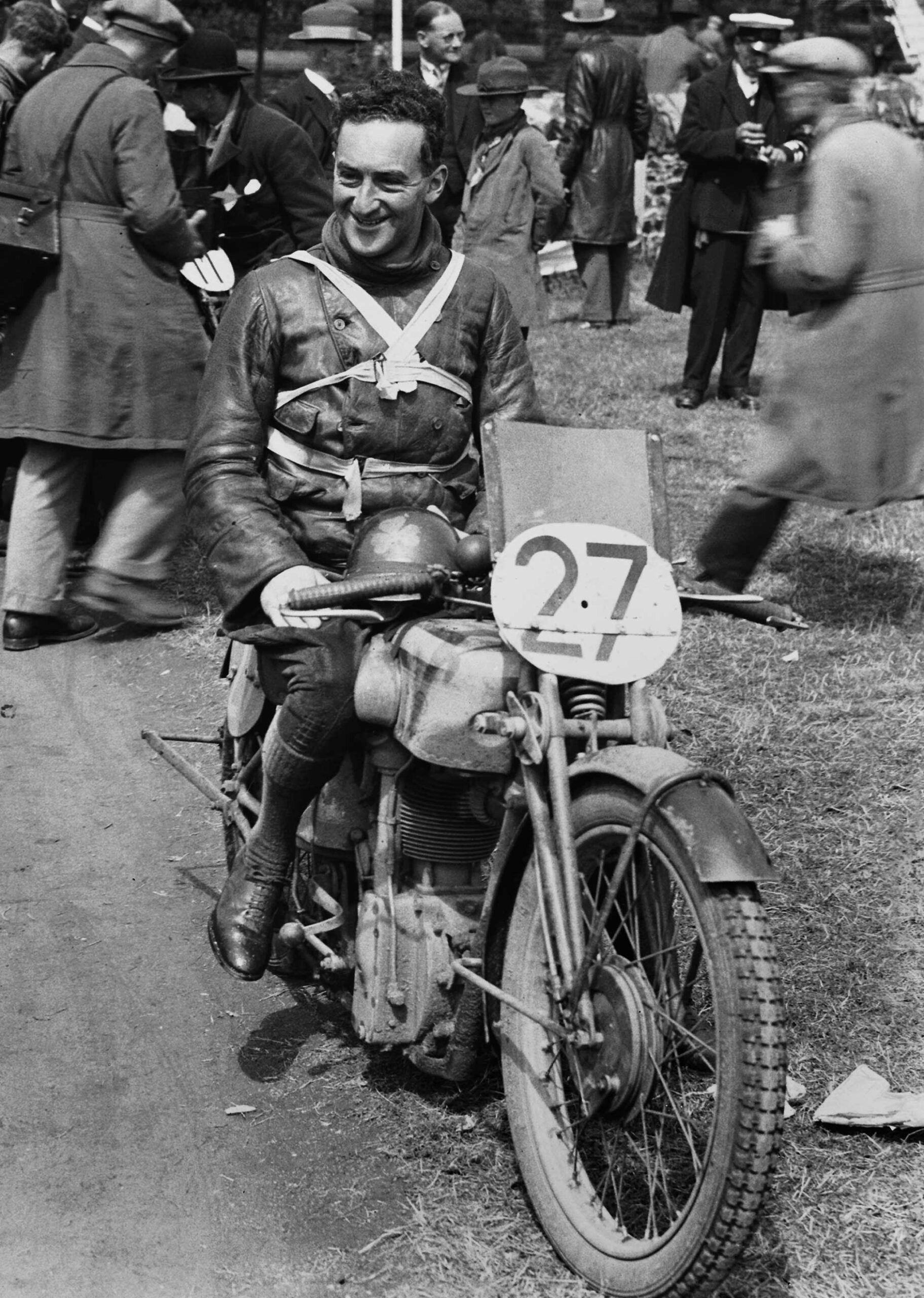 Irish champion Stanley Woods sits on bike