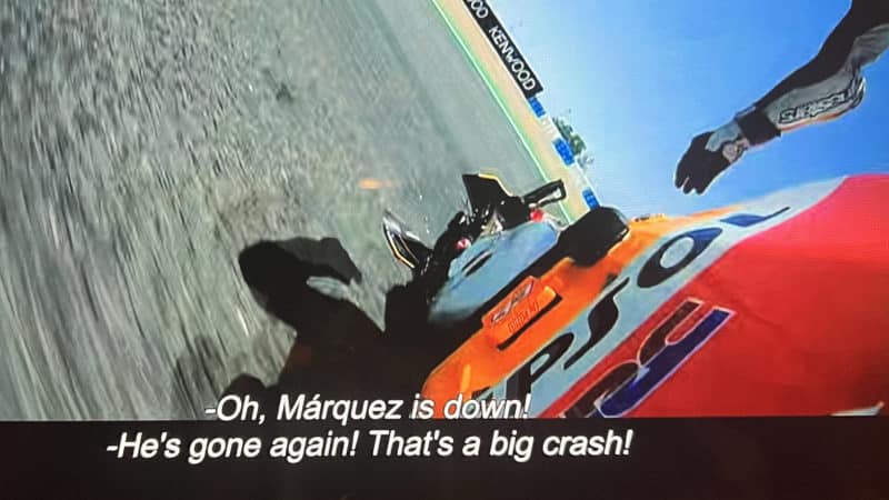Onboard view of Marc Marquez Jerez crash where he broke his arm