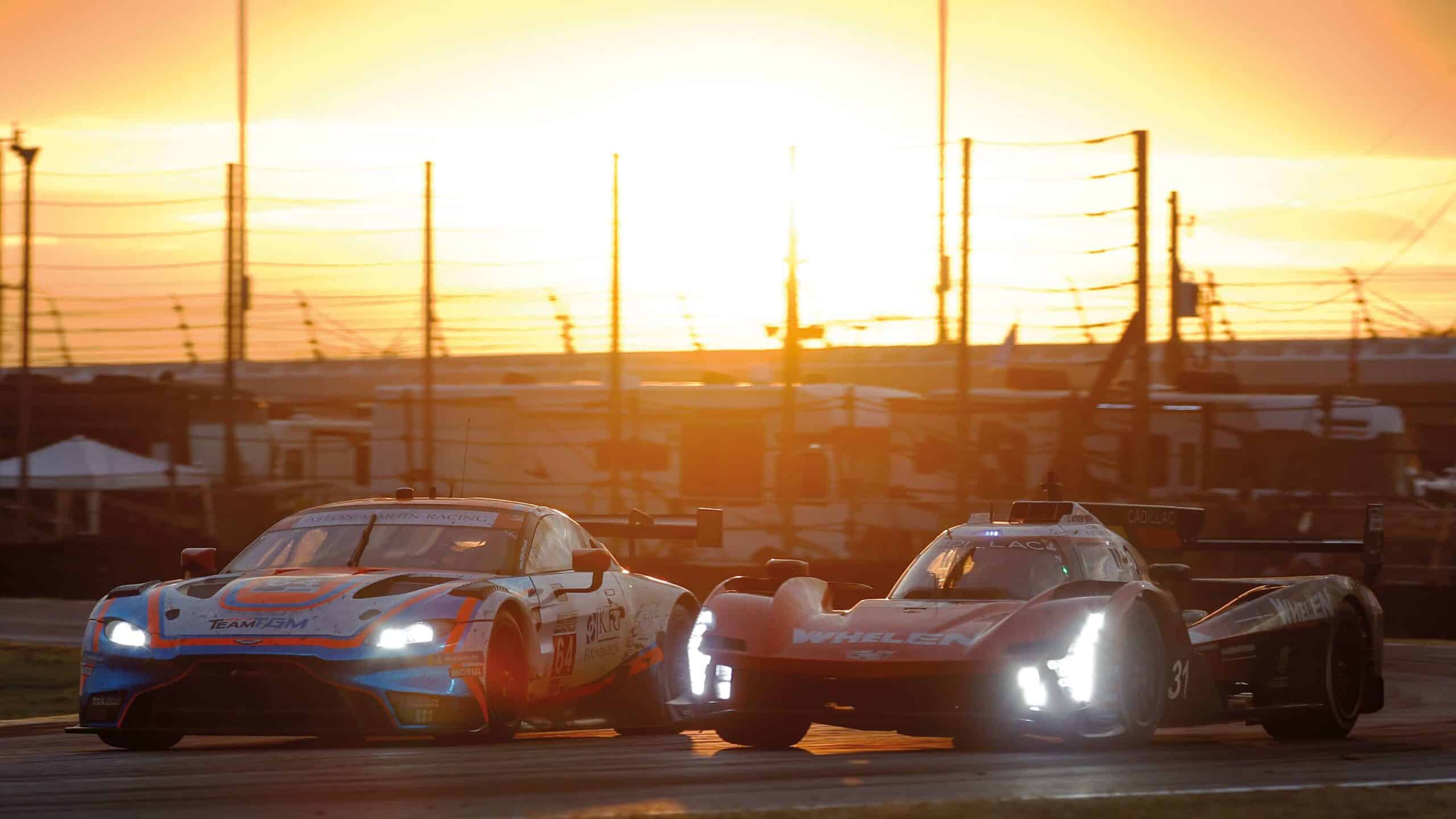 Pipo Derani in the Whelen Cadillac goes wheel to wheel