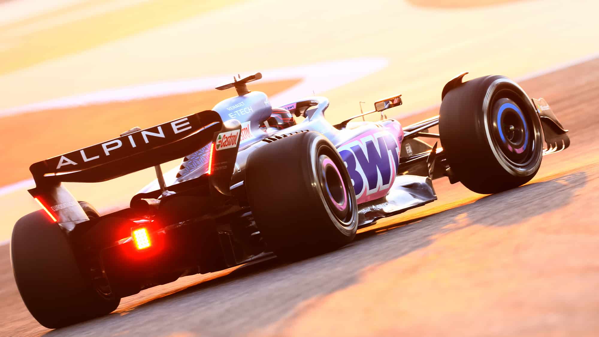 Rear view of Alpine 2023 F1 car in Bahrain testing