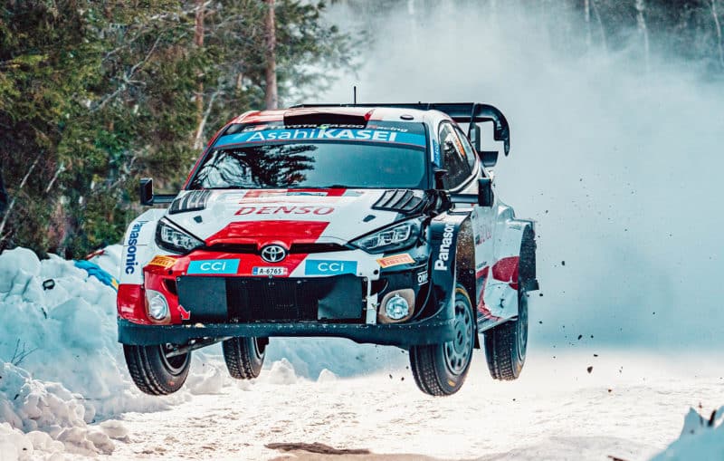 Toyota's latest WRC challenger negotiating a jump on Rally Sweden
