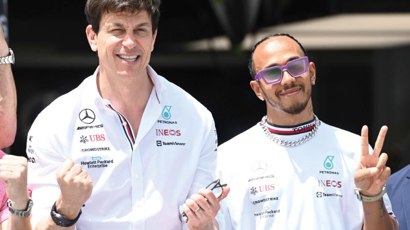Toto Wolff and Lewis Hamilton smile for cameras
