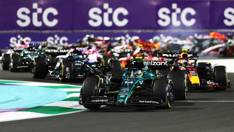 Alonso leads at the start of 2023 f1 Saudi Arabian Grand Prix