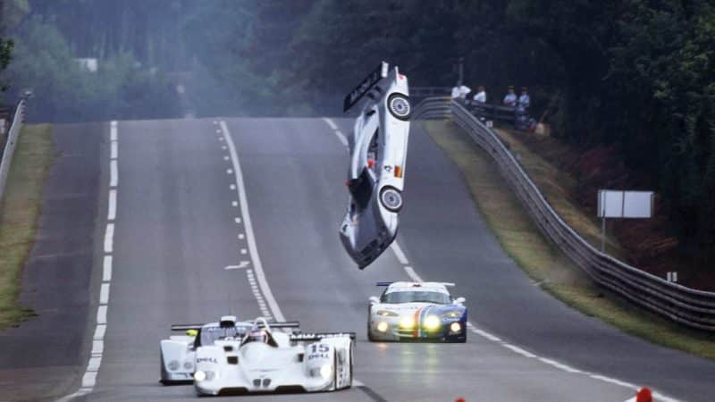 Car flying through the air at Le Mans 1999.