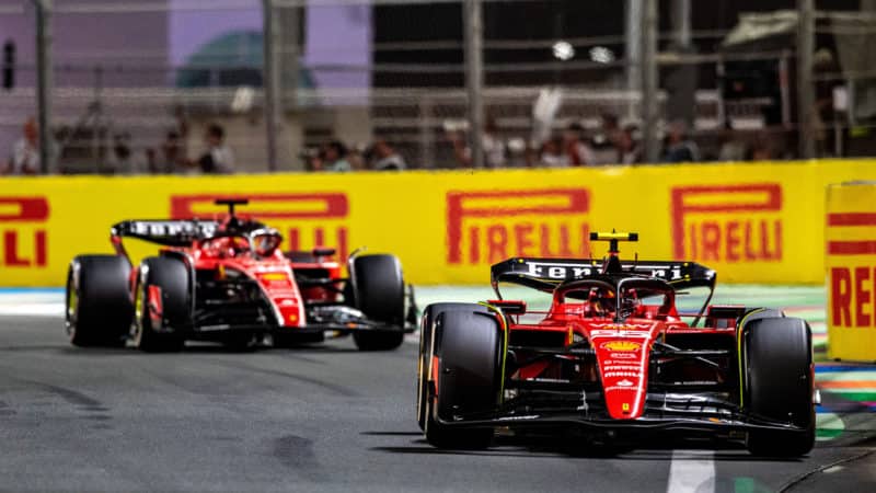 Carlos Sainz leads Charles Leclerc in the 2023 Saudi Arabian Grand Prix