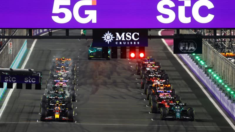 Cars on the grid ahead of the 2023 F1 Saudi Arabian GP start