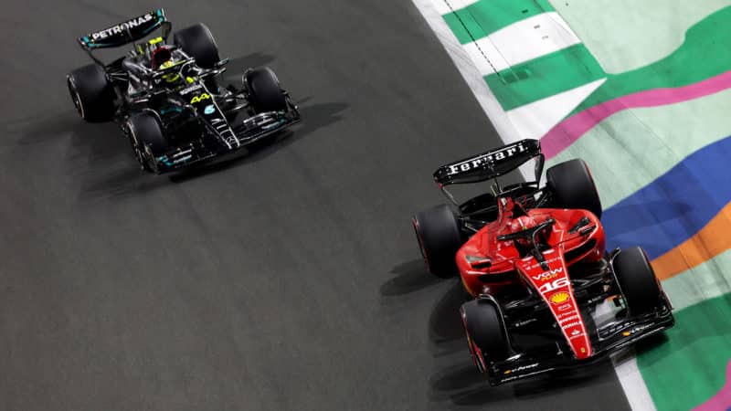 Charles Leclerc leads Lewis Hamilton in the 2023 F1 Saudi Arabian GP