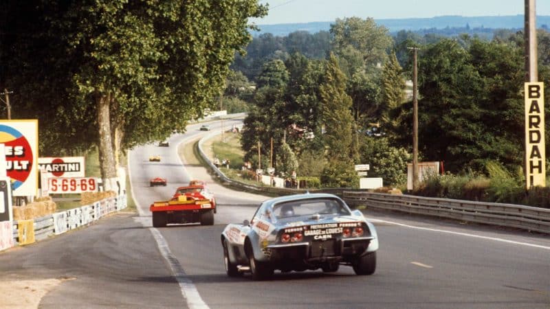 Chevrolet Corvette chases Ferrari 512M out of Tertre Rouge in 1971