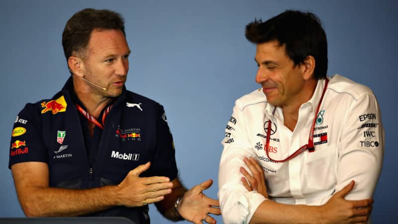 Christian Horner and Toto Wolff in 2018 F1 press conference