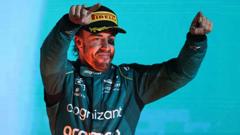 Fernando Alonso celebrates finishing on podium at 2023 Bahrain GP