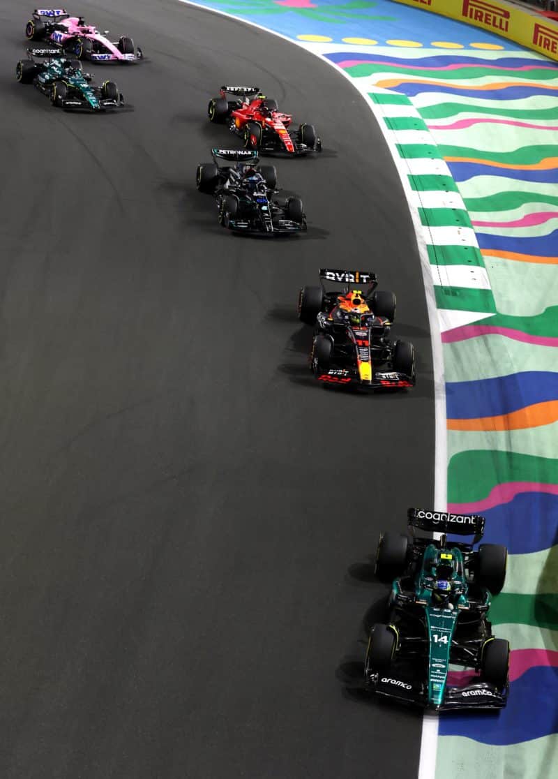 Fernando-Alonso-leads-Sergio-Perez-at-the-start-of-the-2023-F1-Saudi-Arabian-GP
