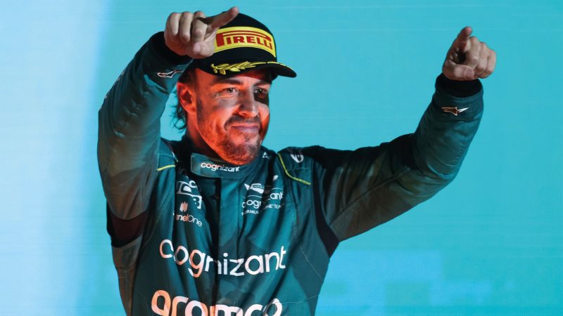 Fernando Alonso celebrates podium