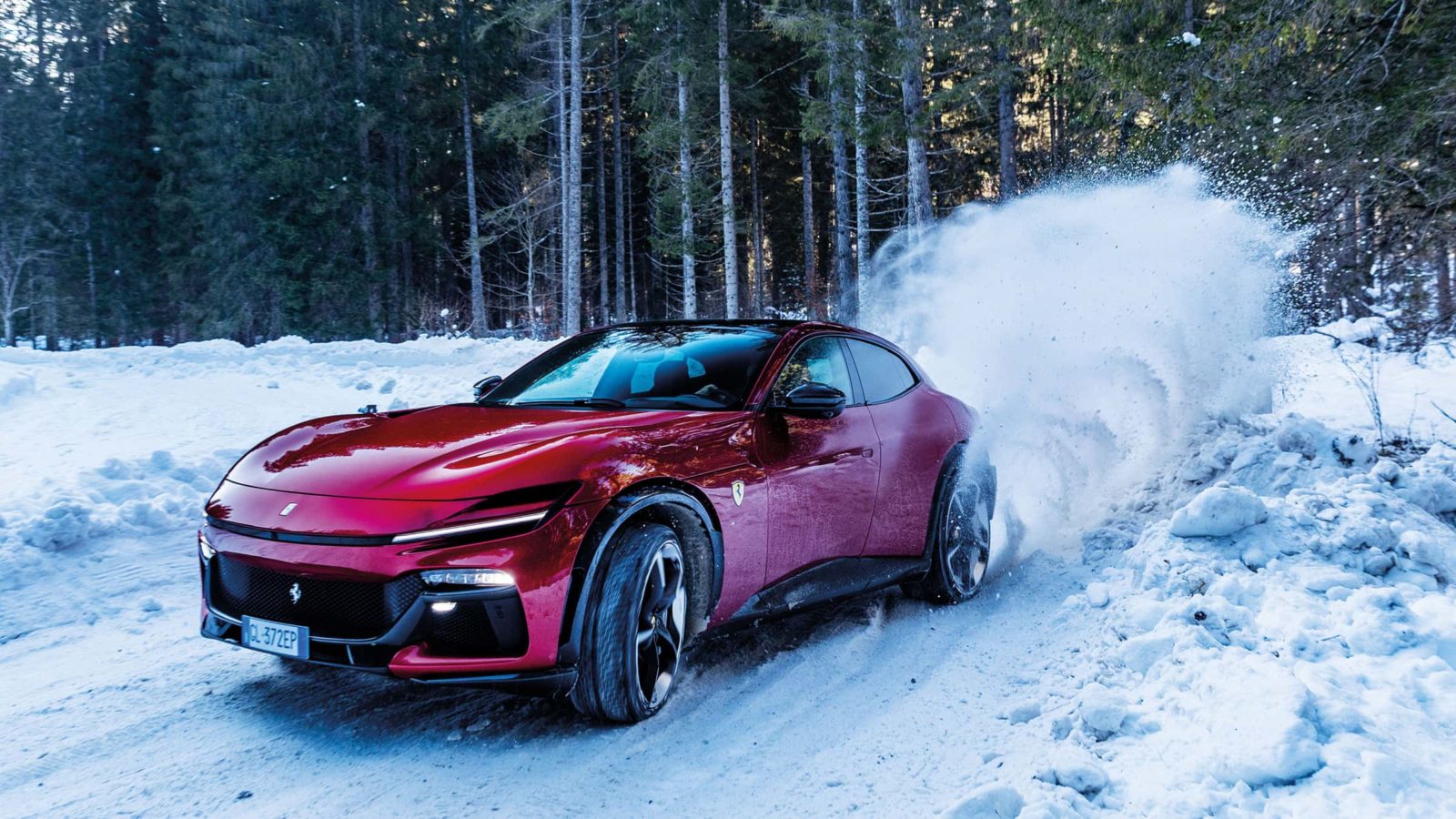 Ferrari Purosangue drifting in the snow
