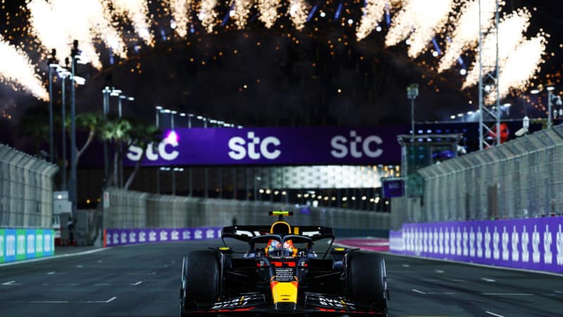 Fireworks behind Sergio Perez as he wins the 2023 Saudi Arabian GP