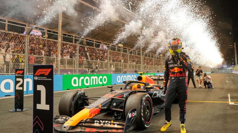 Fireworks explode as Sergio Perez walks away from his winning Red Bull at the 2023 Saudi Arabian GP