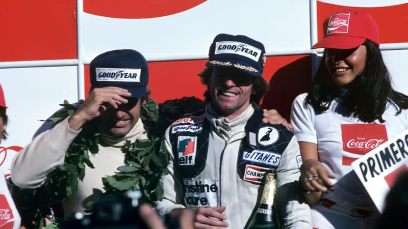 Jacques Lafitte celebrates winning the season opening 1979 Grand Prix