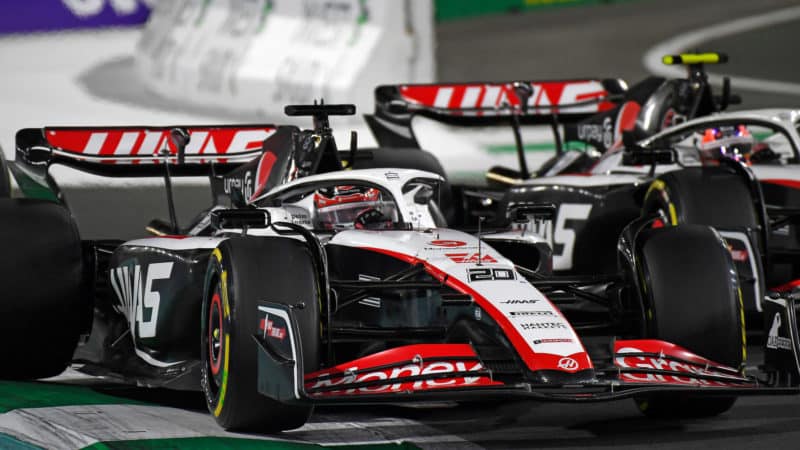 Kevin Magnussen fights with Haas team mate Nico Hulkenberg in the 2023 Saudi Arabian GP