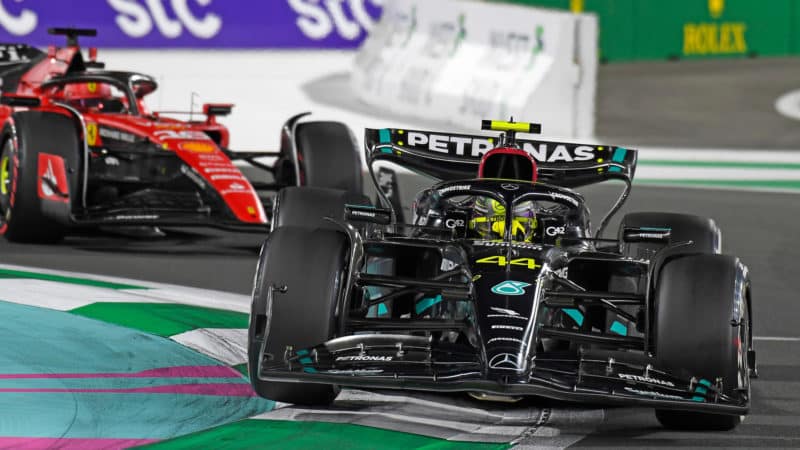 Lewis Hamilton ahead of Cahrles Leclerc in the 2023 Saudi Arabian GP