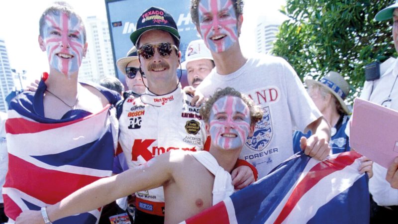 Mansell celeberates with british fans