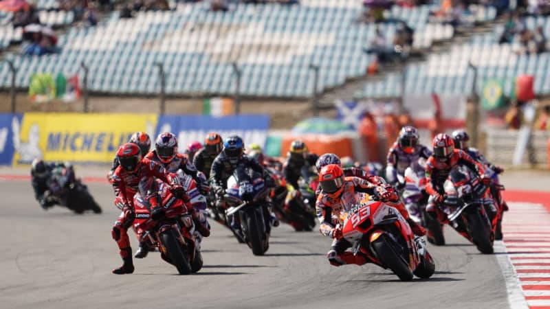 Marc Marquez leads at the start of 2023 MotoGP Portuguese sprint race