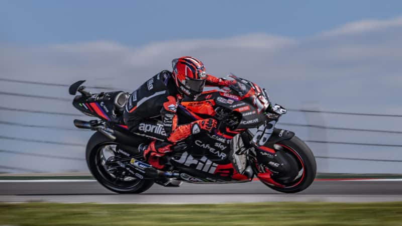 Maverick Vinales on Aprilia MotoGP bike in 2023 testing at Portimao