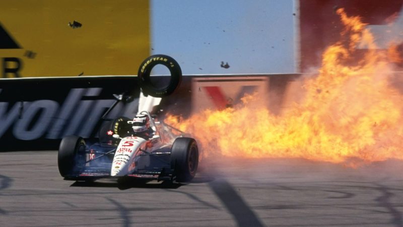 Nigel Mansell car up in flames