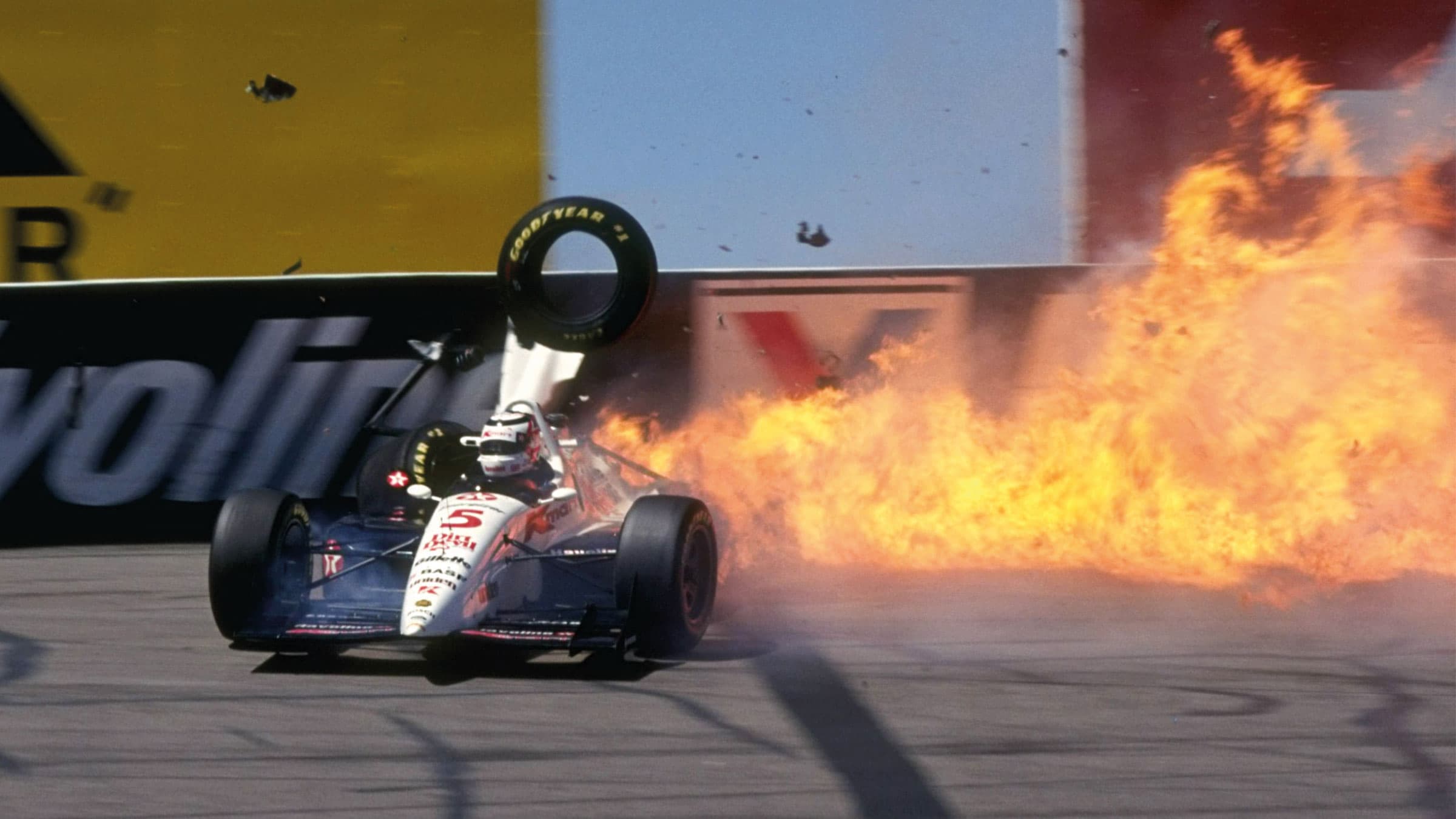 Nigel Mansell car up in flames