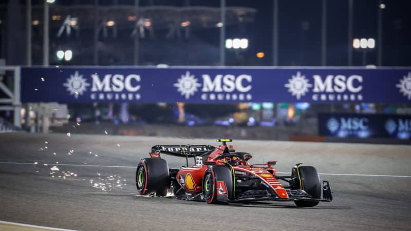 Sparks fly from Ferrari of Carlos Sainz ahead of 2023 Bahrain Grand Prix