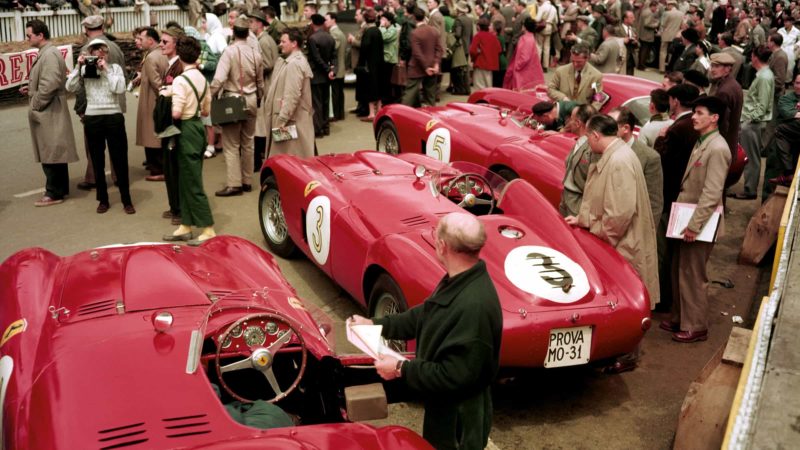 The Ferrari cars are lined up at Le Mans