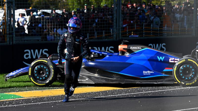 Alex Albon runs away from stranded Williams in the 2023 Australian Grand Prix