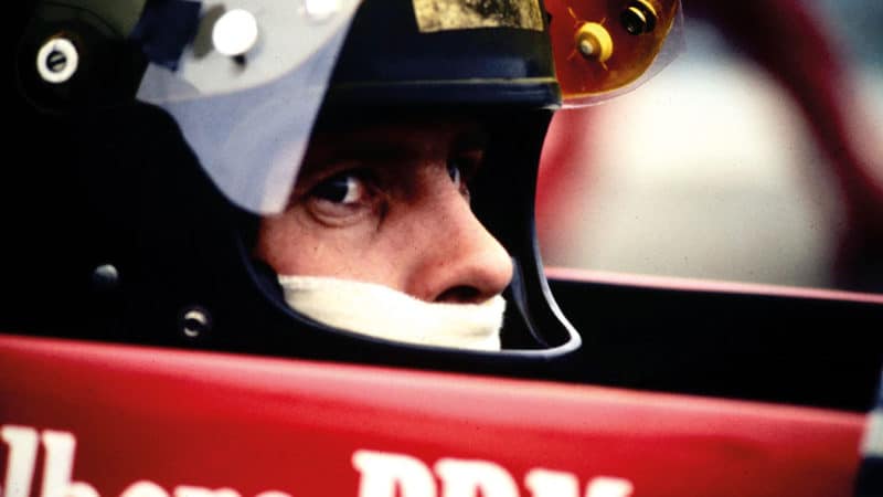 Close up of Peter Gethin in his helmet