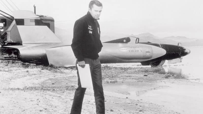 Craig Breedlove with crashed Spirit of America land speed record car