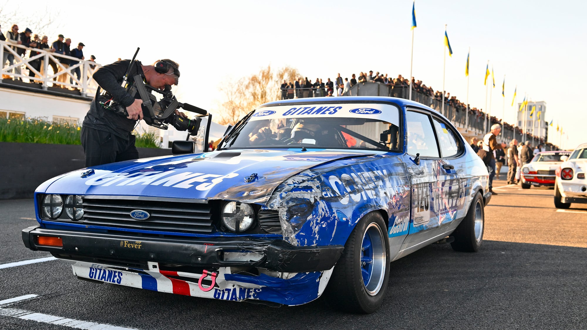 Damaged Ford Capri at 80th Goodwood Members Meeting