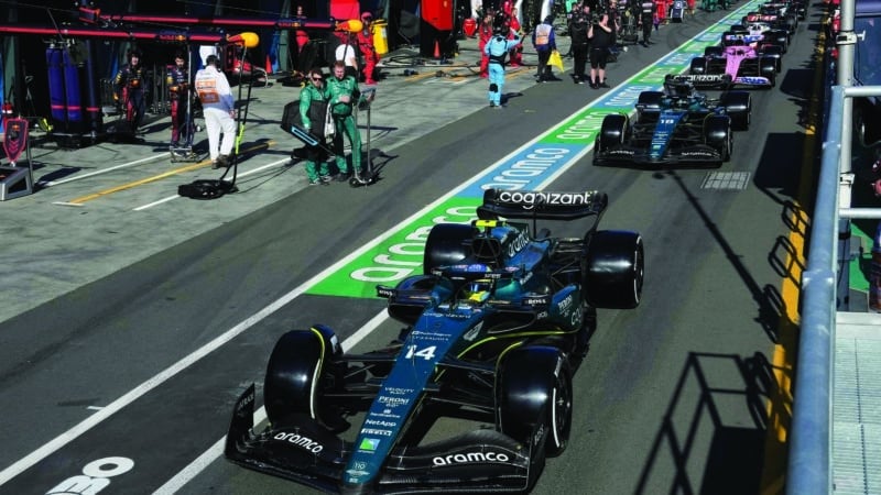 F1 cars in Melbourne pitlane at 2023 Australian GP