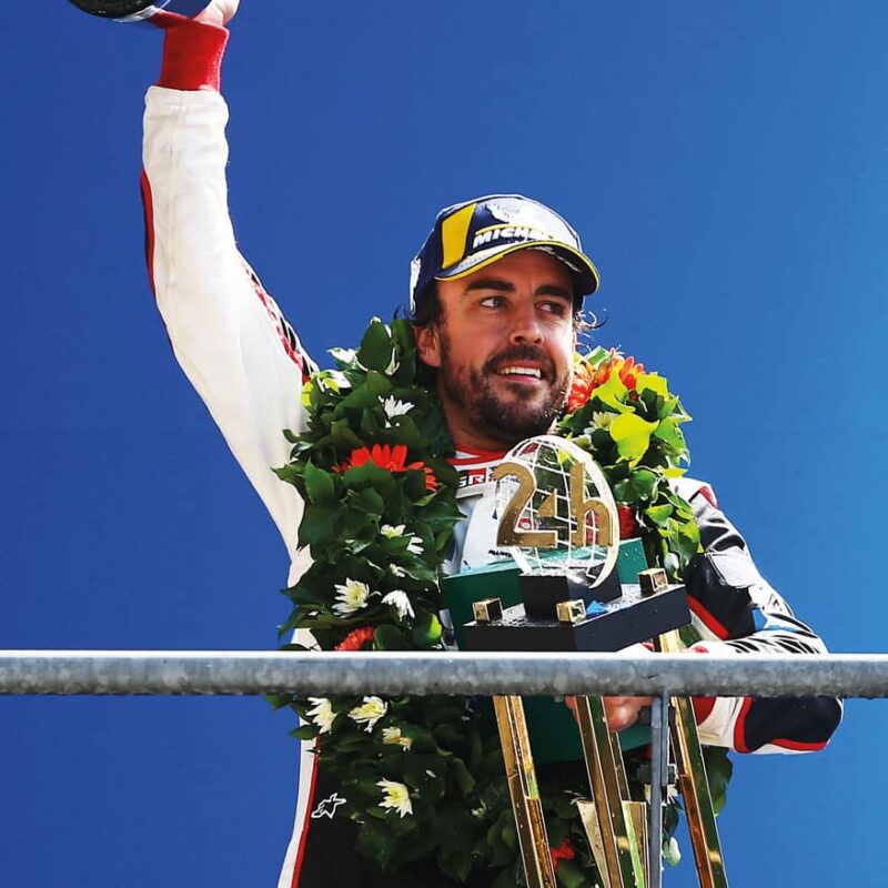 Fernano Alonso celebrates Le Man win