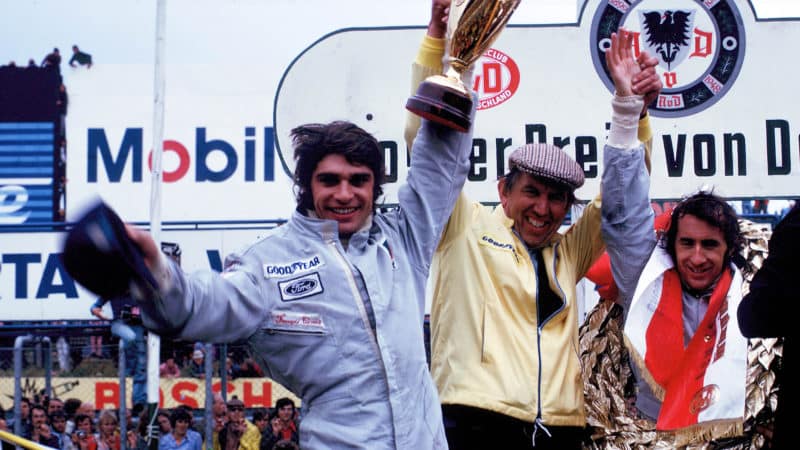 Francois Cevert Ken Tyrrell and Jackie Stewart on the podium after the 1973 German Grand prix