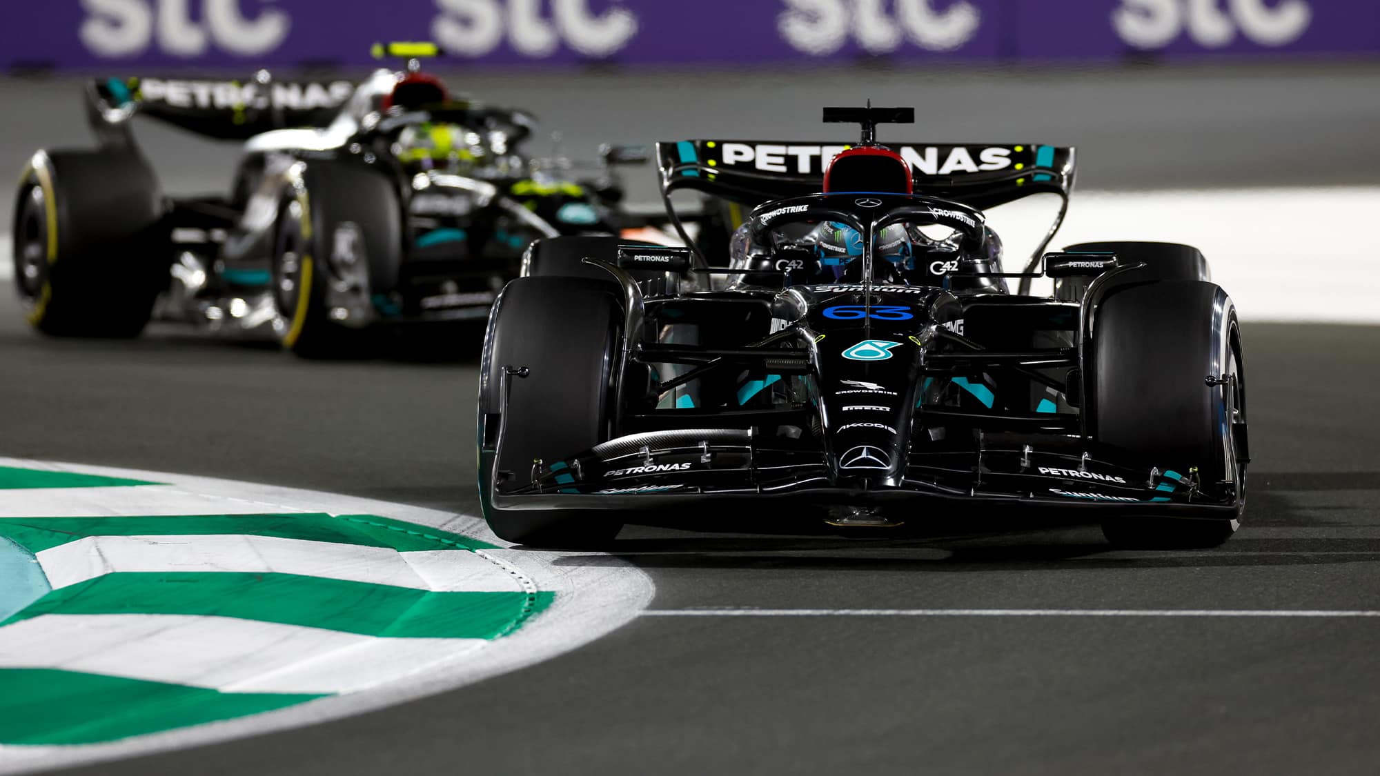 George Russell ahead of Lewis Hamilton in the 2023 Saudi Arabian GP