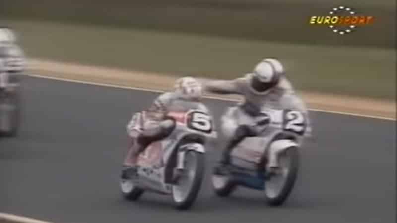 Hans Spaan hits Fausto Gresini while racing at Phillip Island in 1990 125cc Grand Prix