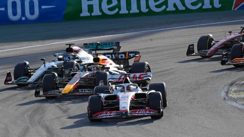 Kevin Magnussen leads Max Verstappen and George Russell in 2022 Brazilian GP sprint race