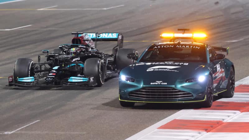 Lewis Hamilton alongside safety car in 2021 Abu Dhabi Grand Prix