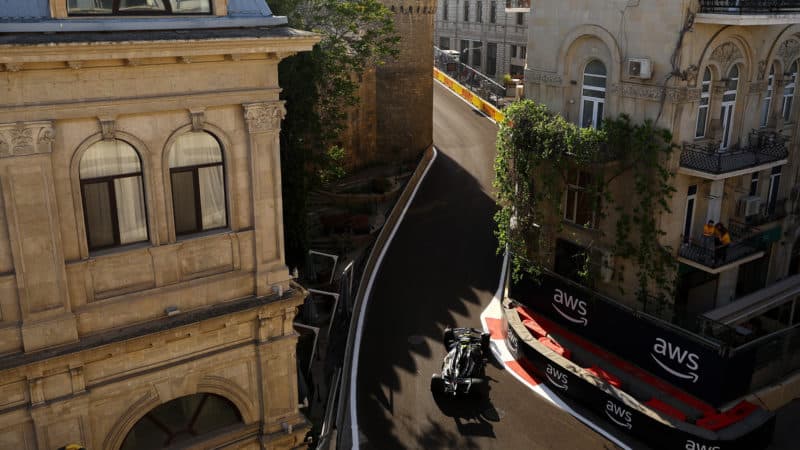 Lewis Hamilton in old town section of Baku Street circuit 2023