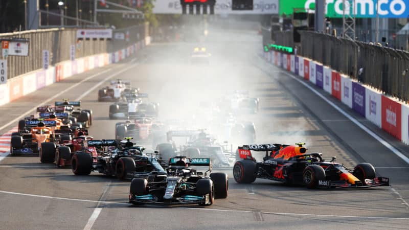 Lewis Hamilton runs off at restart to 2021 Azerbaijan Grand Prix