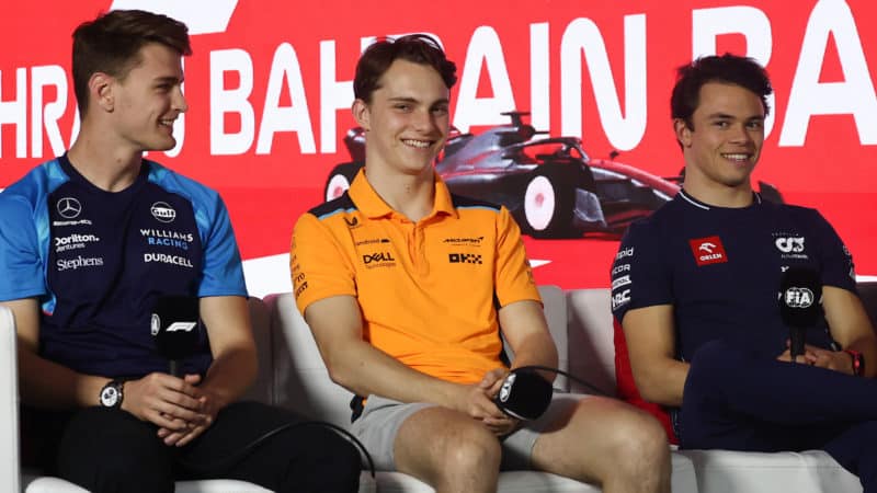 Logan Sargeant Oscar Piastri and Nyck de Vries at 2023 Bahrain GP press conference