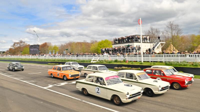 Lotus Cortina battle on Goodwood straight at 2023 Members Meeting