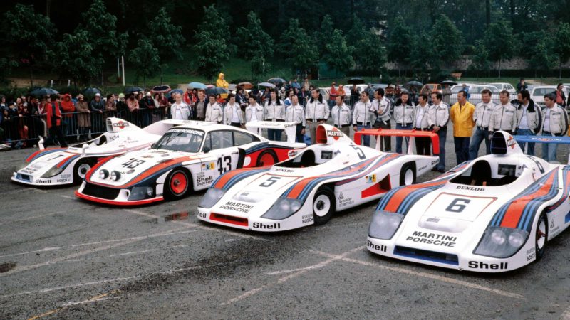 Martini Racing Porsche drivers pose for phoot in 1978