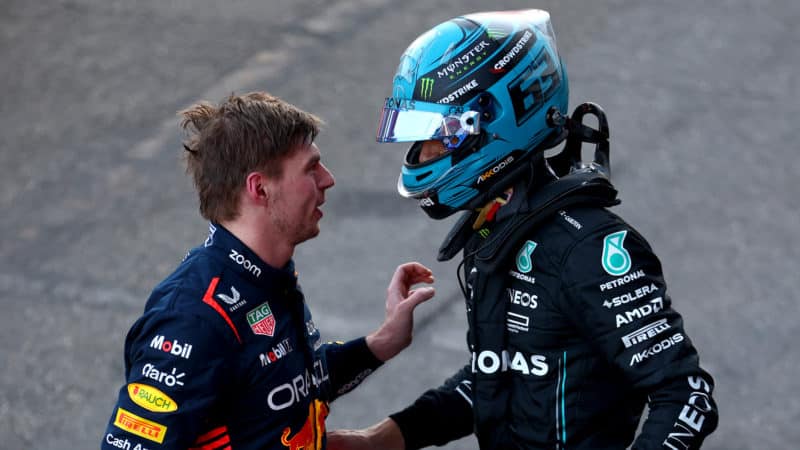 Max Verstappen talks to George Russell after 2023 Azerbaijan GP sprint