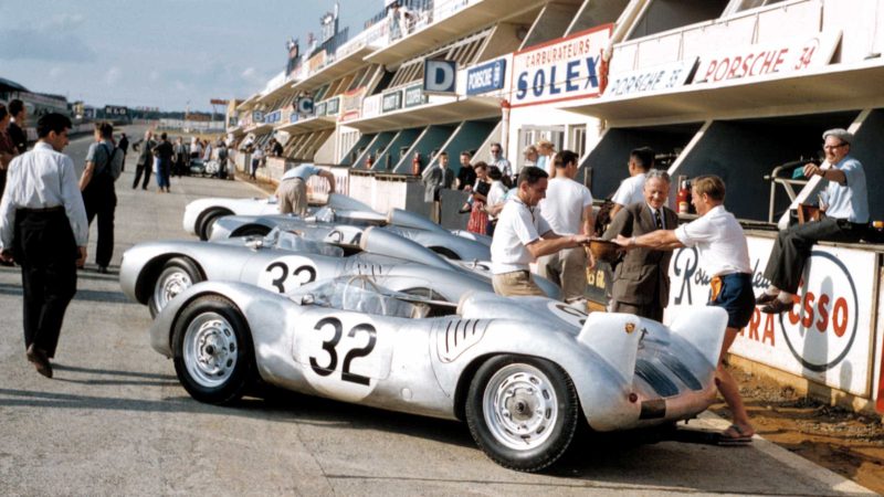 Porsche 550A Spyders before practice in 1957