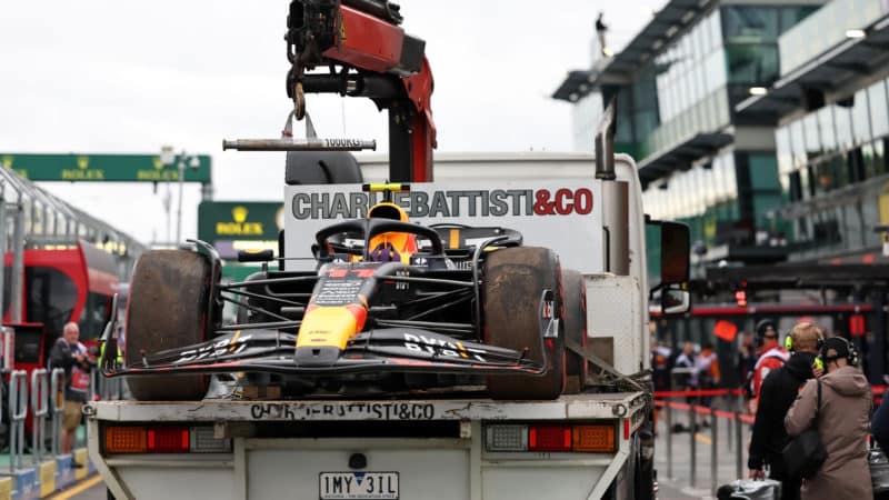 Red Bull of Sergio Perez on flatbed truck afgter 2023 F1 Australian GP qualifying